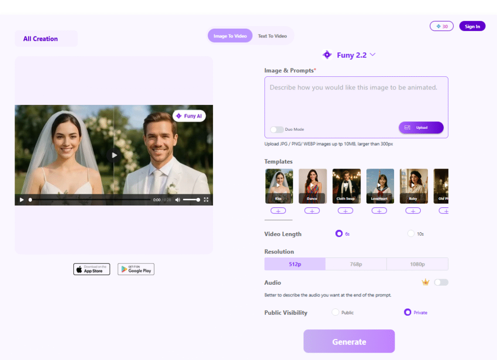 Funy AI logo | Funy AI AI image/video editing interface | Funy AI workflow screenshot | Funy AI export and settings panel | Funy AI output preview example