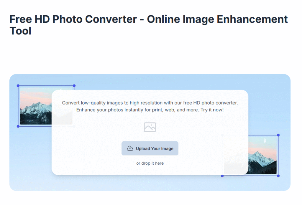 HD Photo Converter logo | HD Photo Converter photo upscaling and conversion interface | HD Photo Converter workflow screenshot | HD Photo Converter export and settings panel | HD Photo Converter output preview example